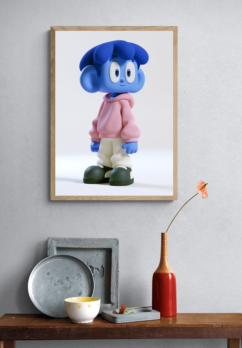 Blue Cartoon Character Portrait Print. — room view 3