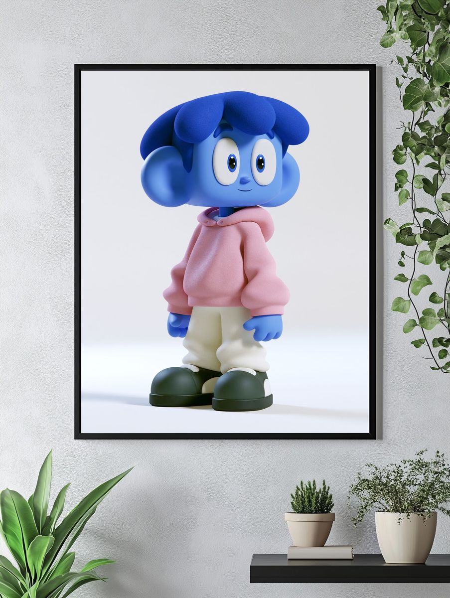 Blue Cartoon Character Portrait Print. — room view 4
