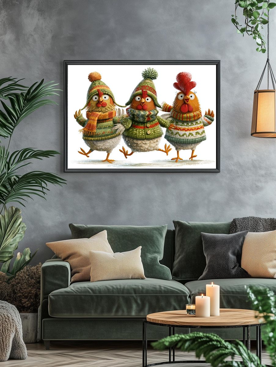 Festive Chickens Illustration Poster. — room view 4
