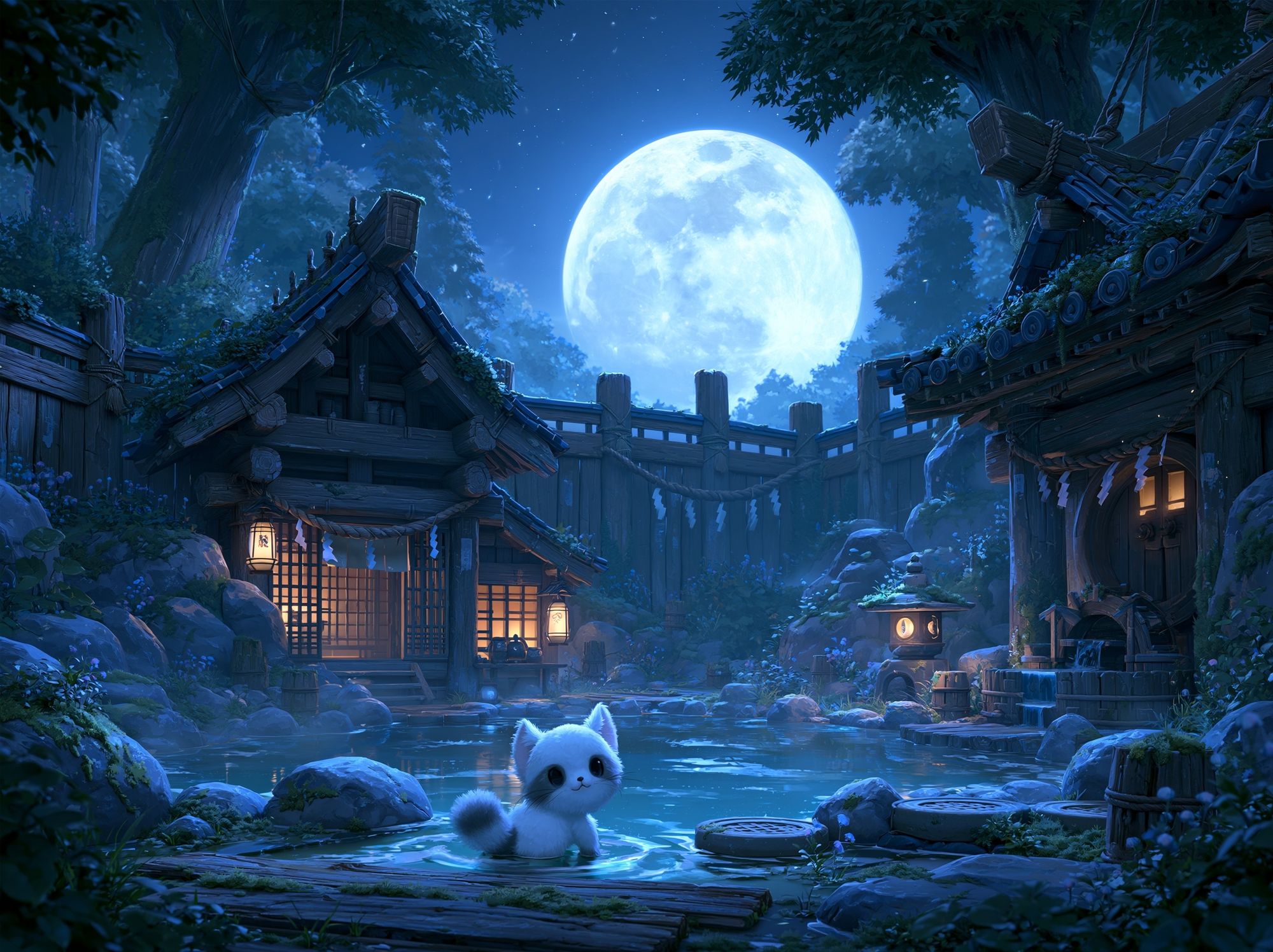 Moonlit Cat Village Illustration Poster. poster detail