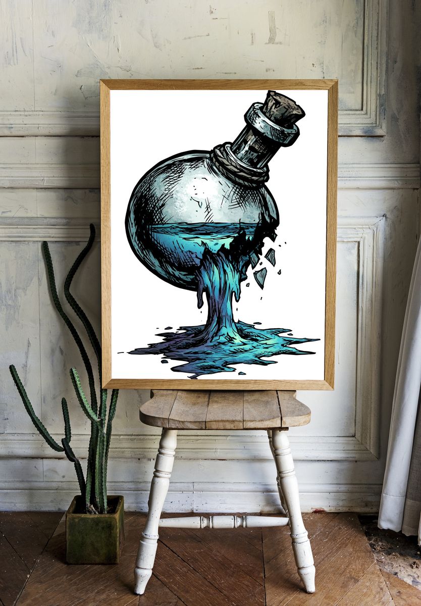 Broken Bottle Ocean Illustration Poster. room preview