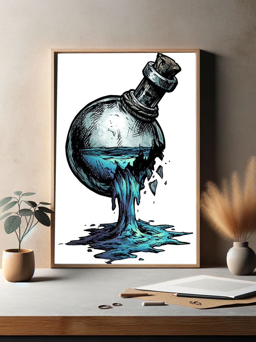 Broken Bottle Ocean Illustration Poster. — room view 2