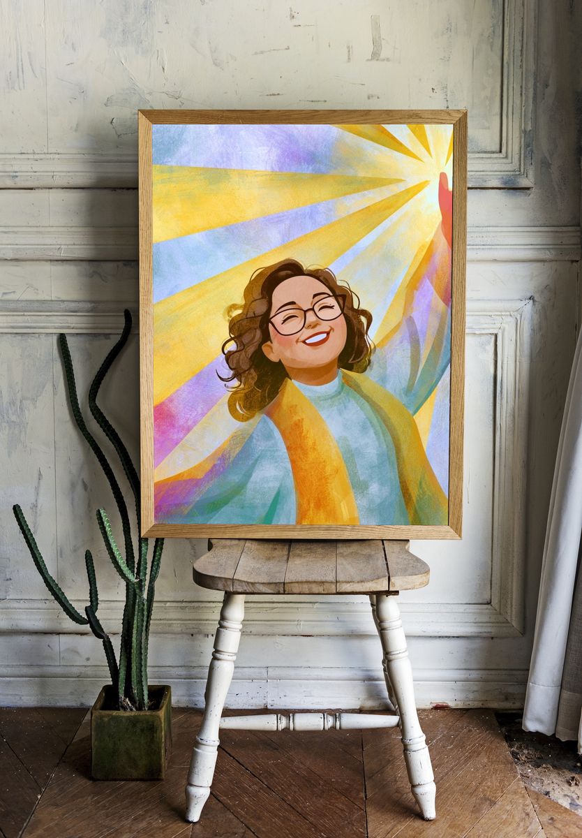 Joyful Woman Sunburst Illustration Poster. room preview