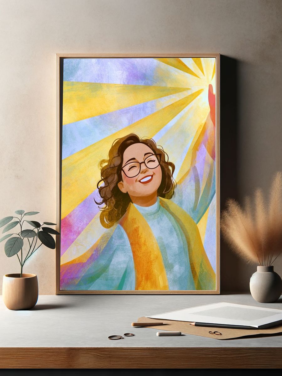 Joyful Woman Sunburst Illustration Poster. — room view 2