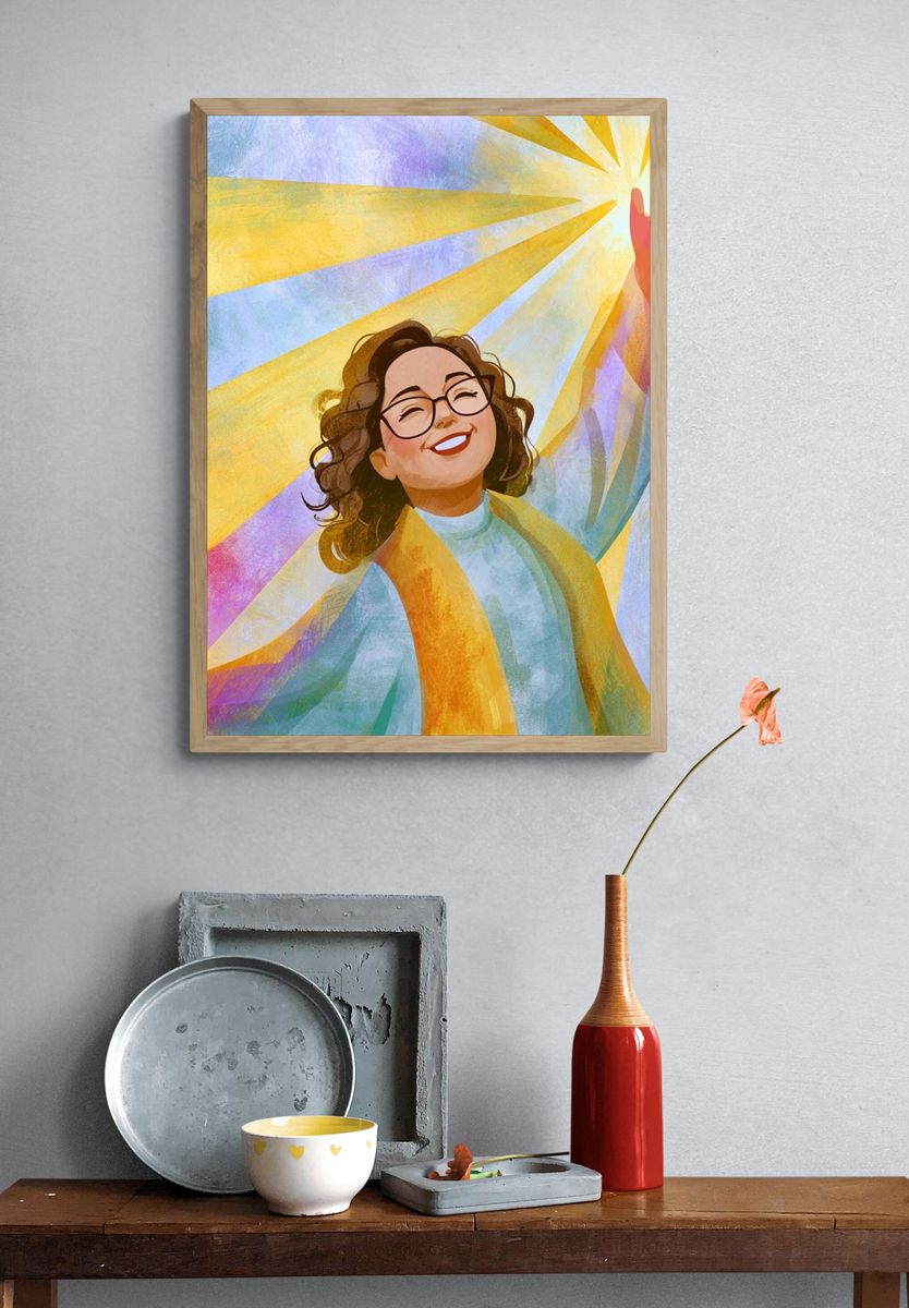 Joyful Woman Sunburst Illustration Poster. — room view 3