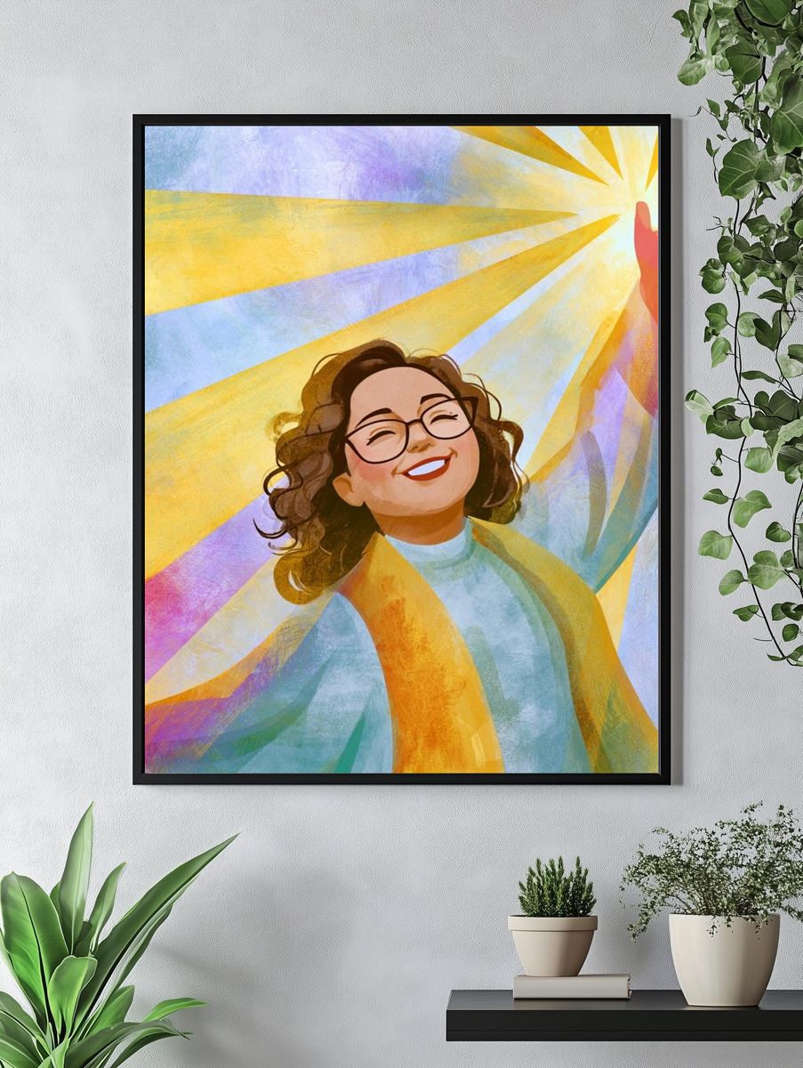 Joyful Woman Sunburst Illustration Poster. — room view 4