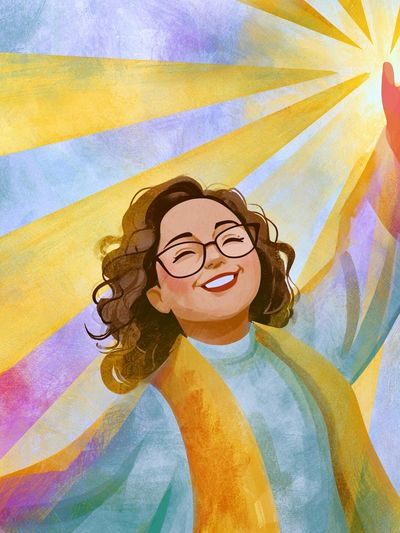 Joyful Woman Sunburst Illustration Poster.