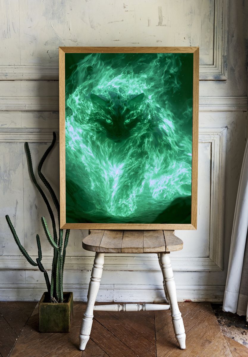 Mystic Green Cat Digital Art Poster. — room view 1