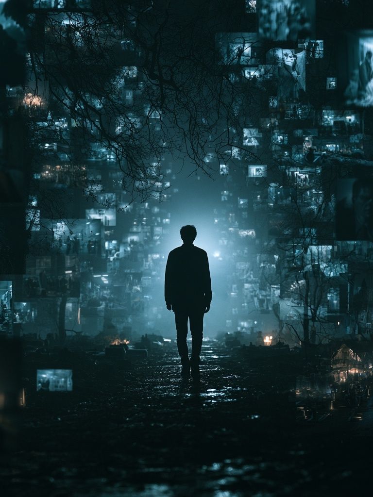 Lonely Figure in Neon Dreamscape Poster. poster detail