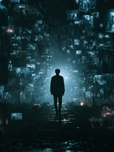 Lonely Figure in Neon Dreamscape Poster.