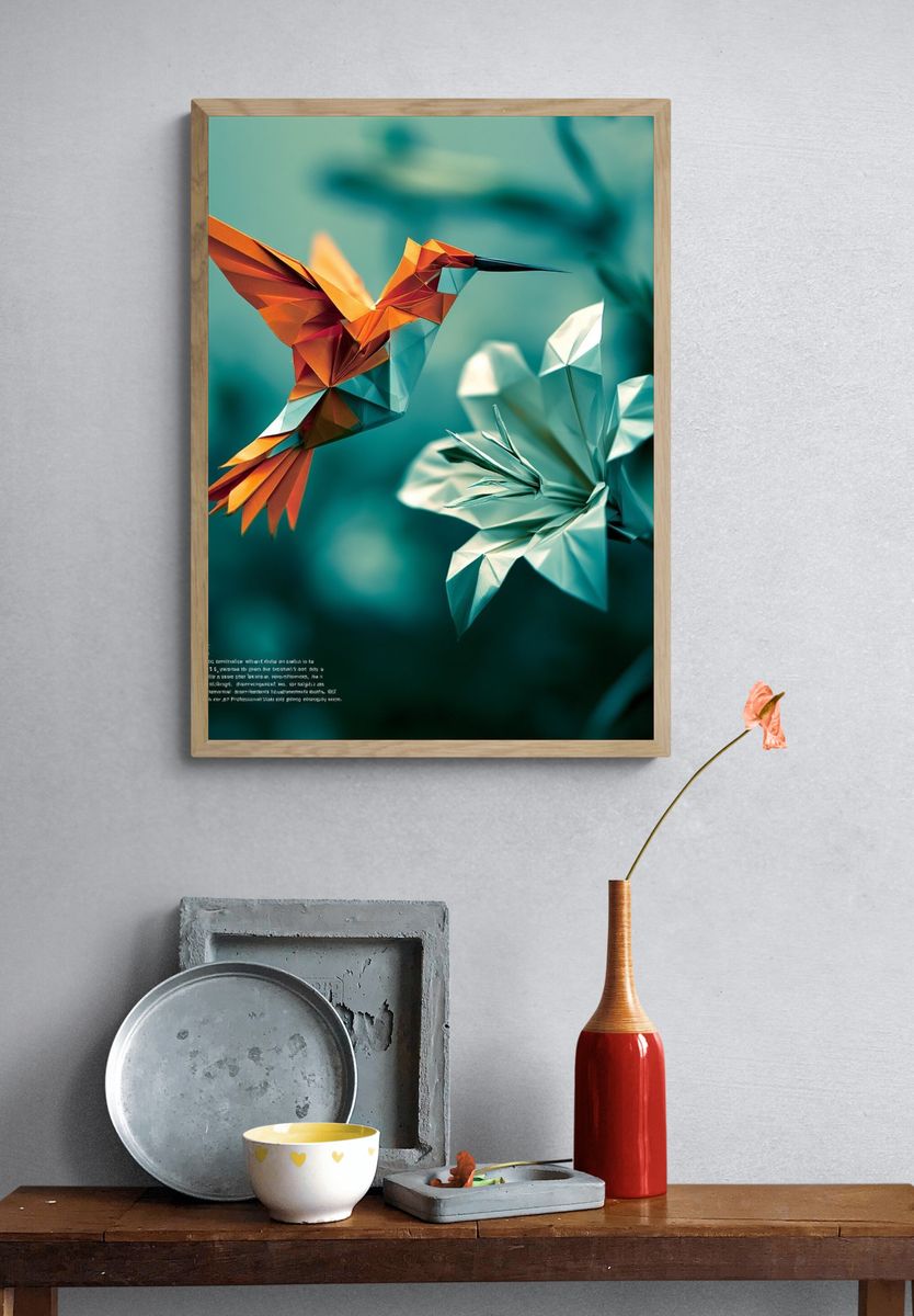 Origami Hummingbird Illustration Poster. — room view 3