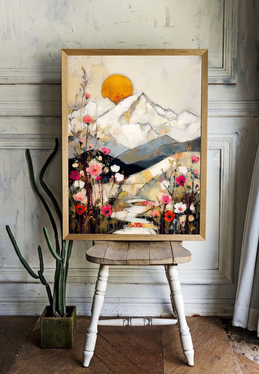 Sunlit Mountain Blooms Illustration Poster. room preview