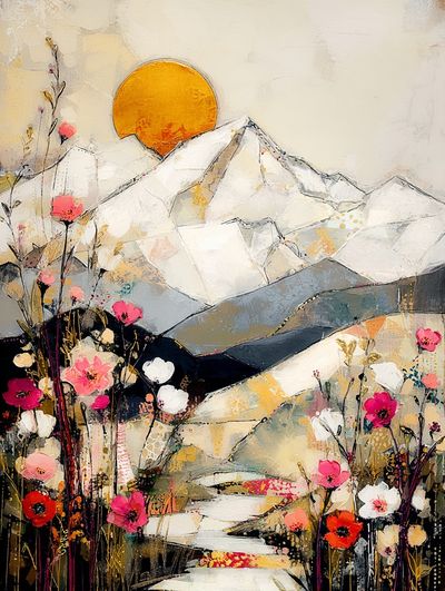 Sunlit Mountain Blooms Illustration Poster. poster print