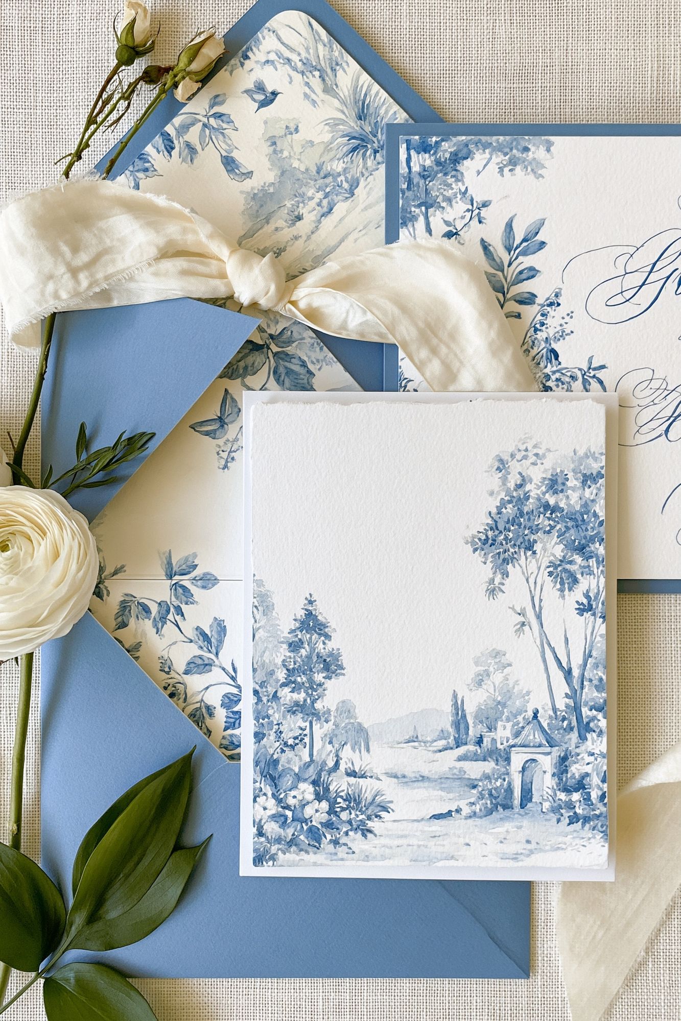 Blue Toile Garden Landscape Print. poster — illustration art