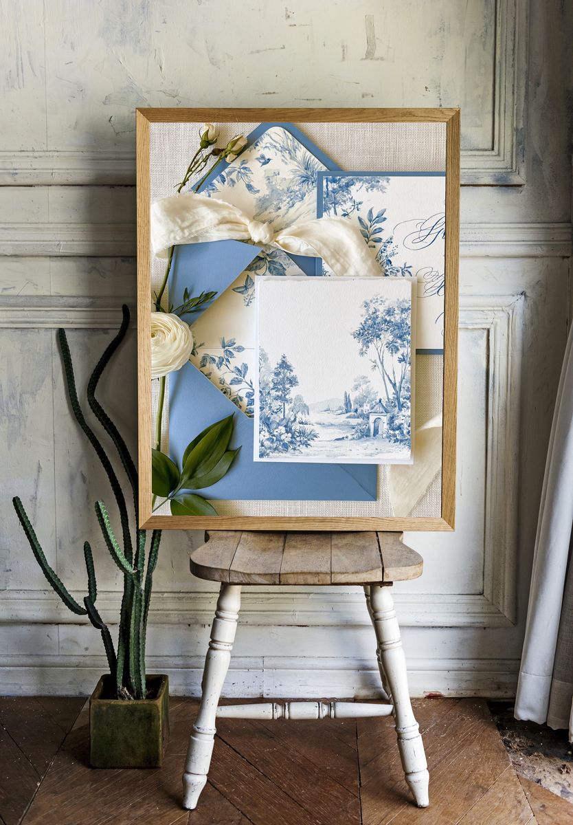 Blue Toile Garden Landscape Print. — room view 1