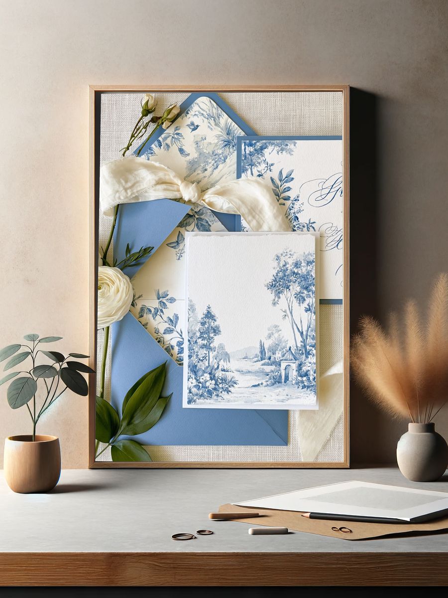 Blue Toile Garden Landscape Print. — room view 2