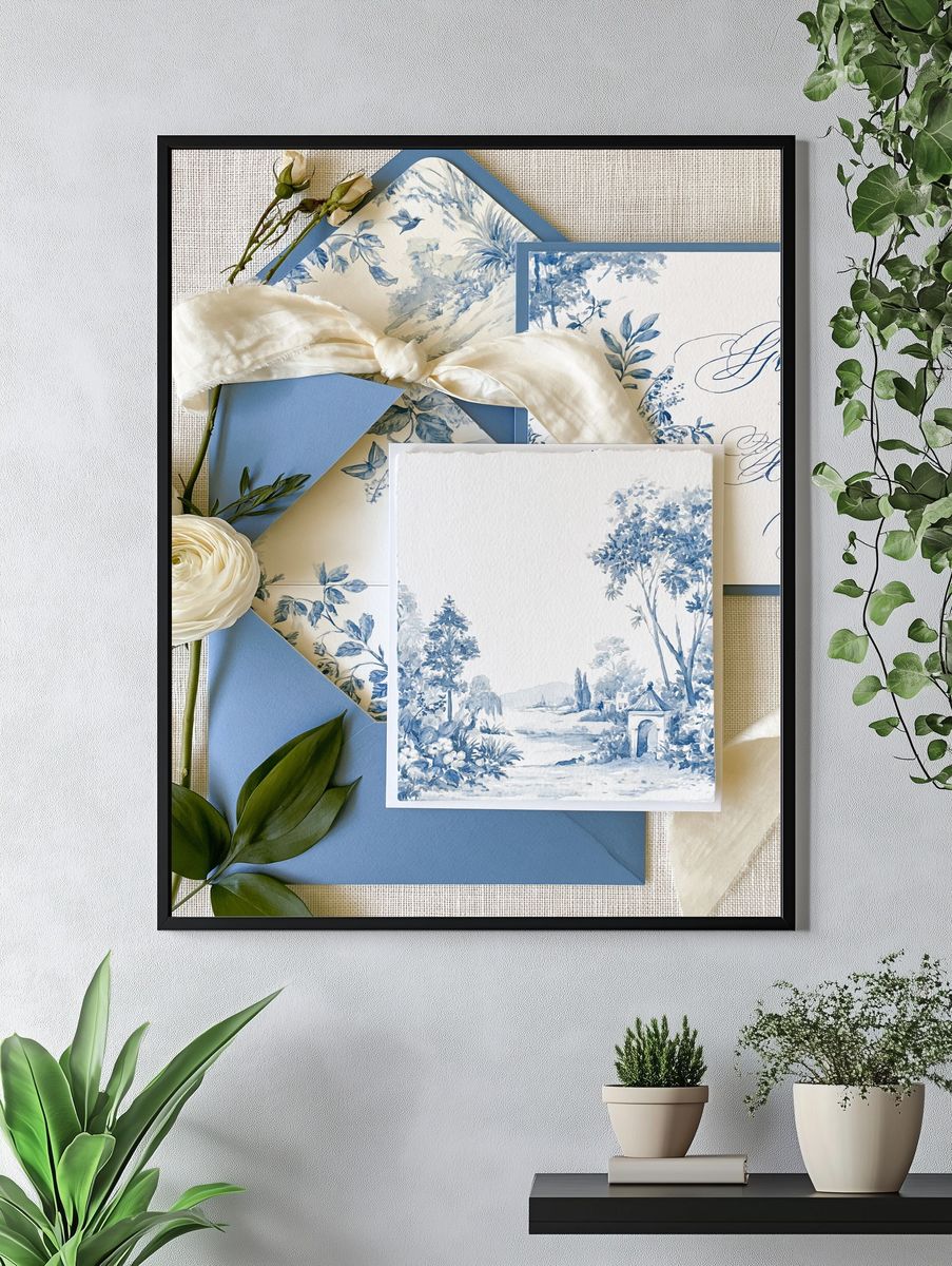 Blue Toile Garden Landscape Print. — room view 4