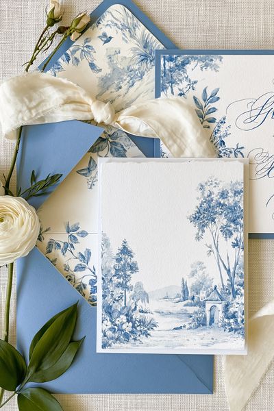 Blue Toile Garden Landscape Print. poster