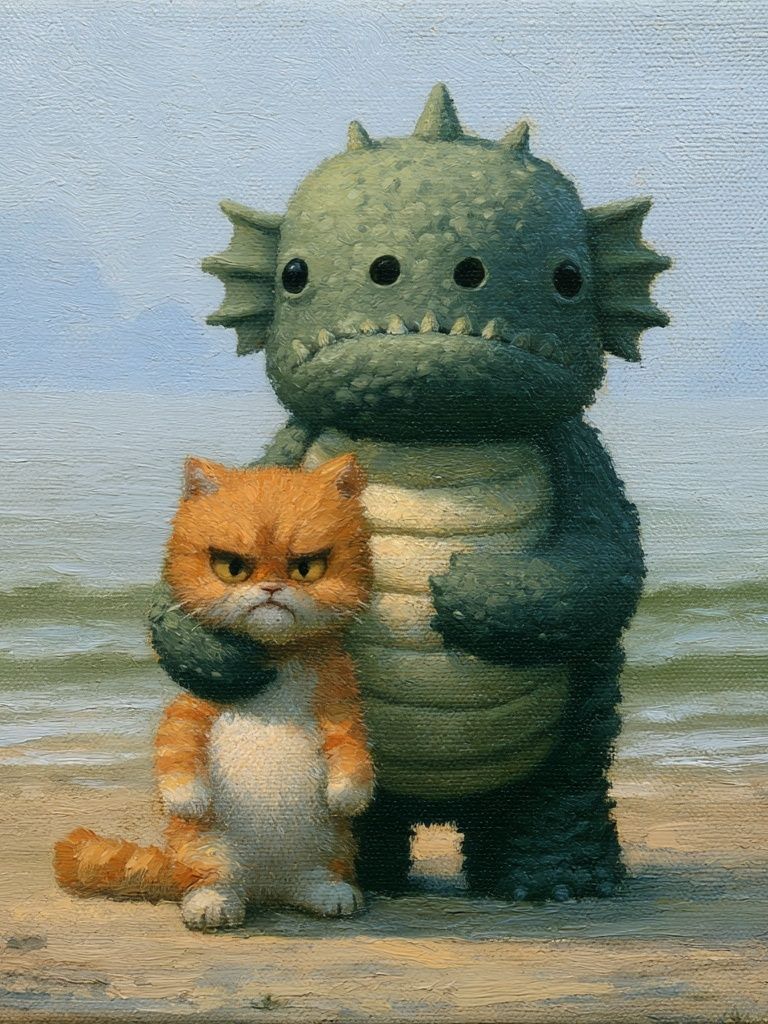 Grumpy Cat and Monster Illustration Poster. poster detail