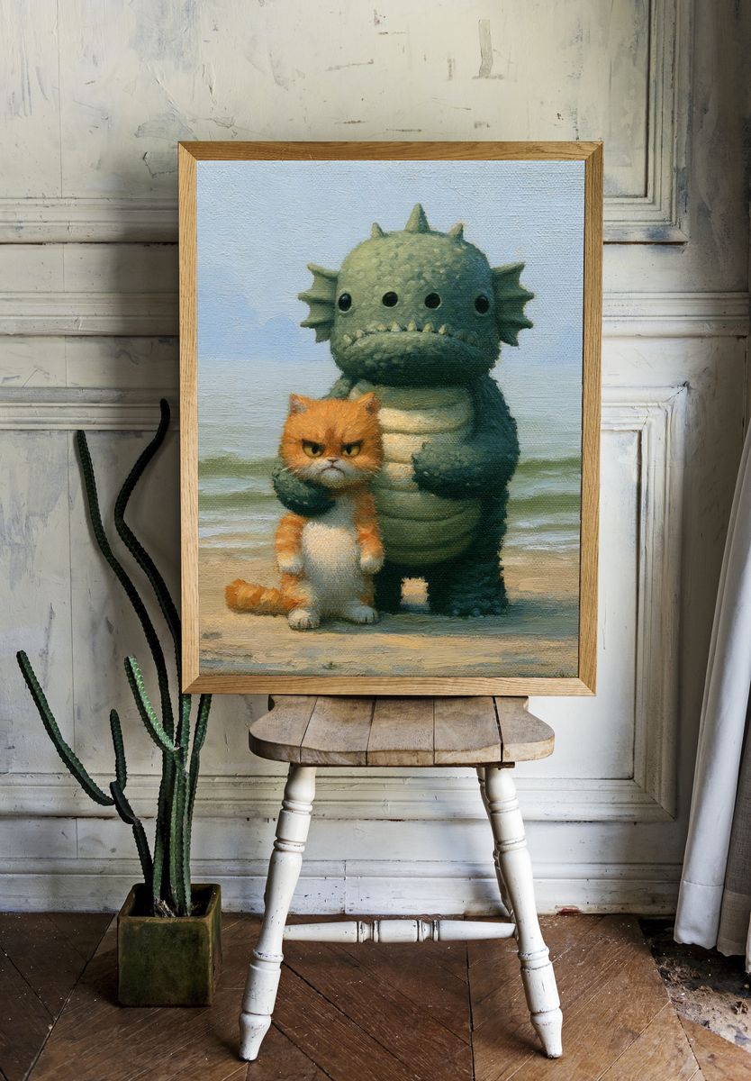 Grumpy Cat and Monster Illustration Poster. room preview