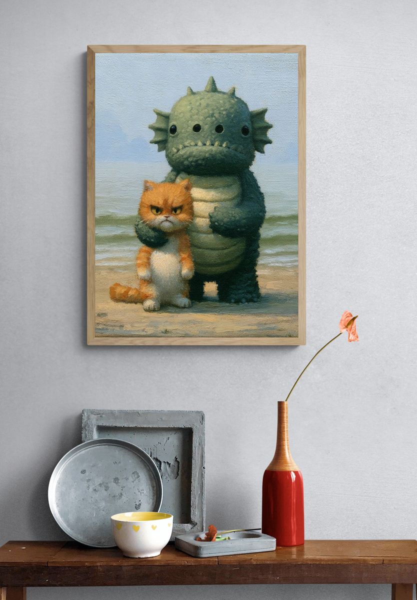 Grumpy Cat and Monster Illustration Poster. — room view 3