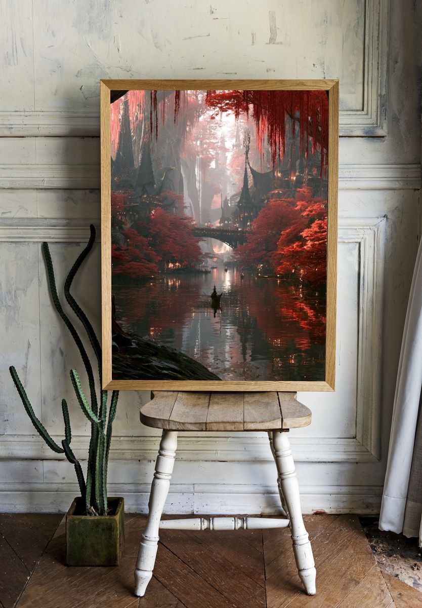 Mystic Red Forest — Fantasy Print. room preview