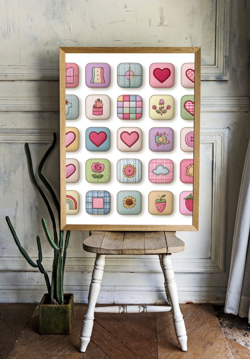 Pastel Patchwork Icons Illustration Print. room preview