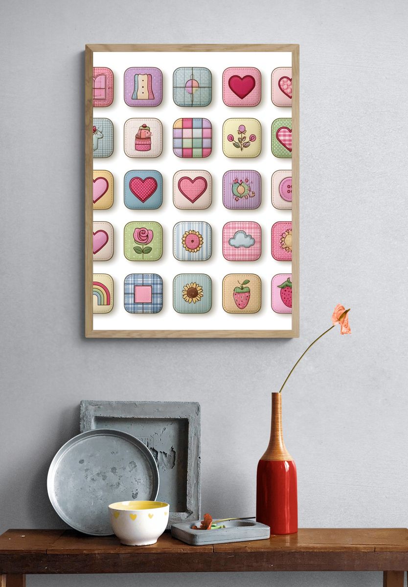 Pastel Patchwork Icons Illustration Print. — room view 3