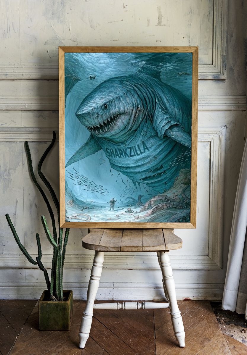 Sharkzilla Underwater Illustration Poster. — room view 1