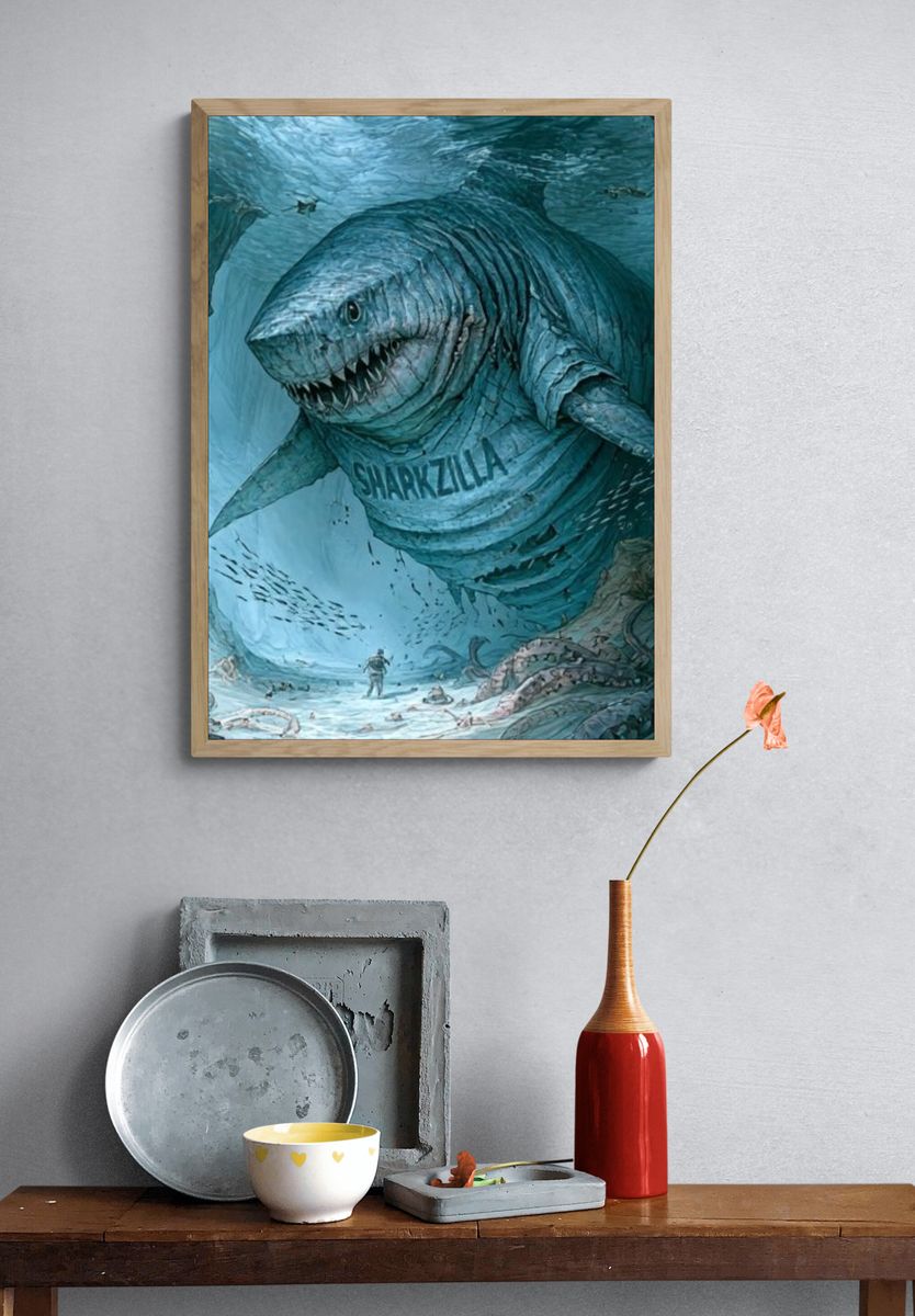 Sharkzilla Underwater Illustration Poster. — room view 3
