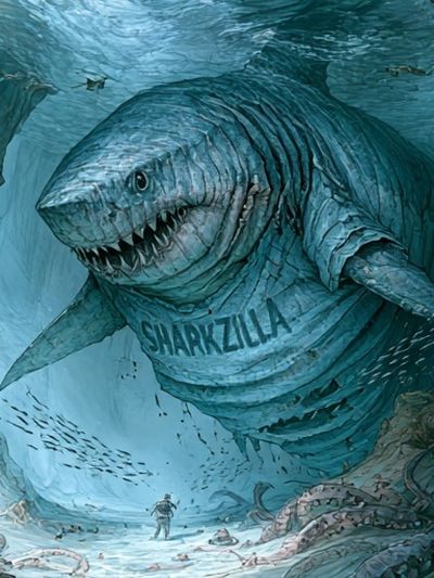 Sharkzilla Underwater Illustration Poster.