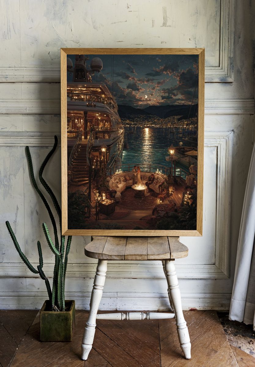 Moonlit Yacht Harbor Print room preview