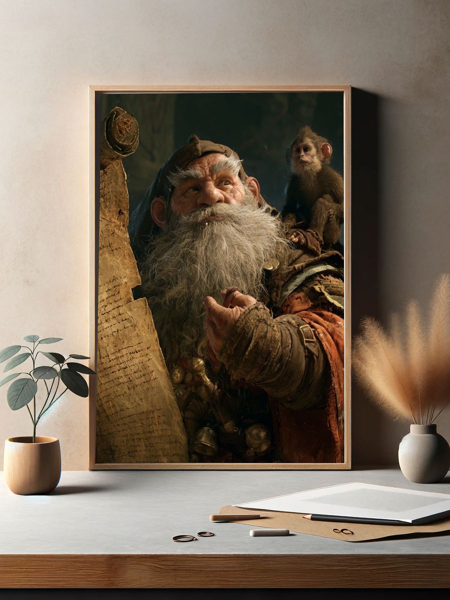 Wizard Monkey Fantasy Illustration Poster. — room view 2