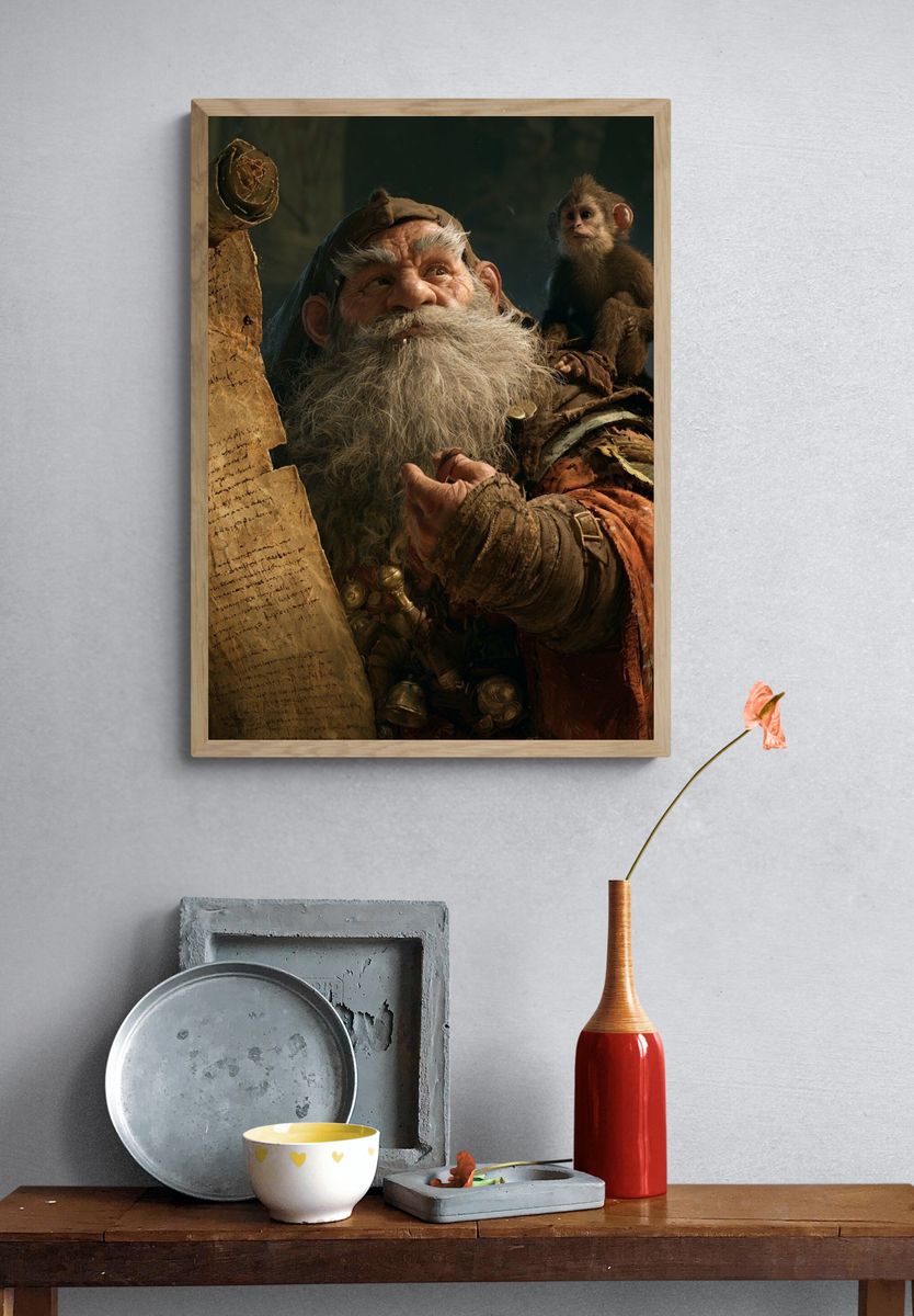 Wizard Monkey Fantasy Illustration Poster. — room view 3