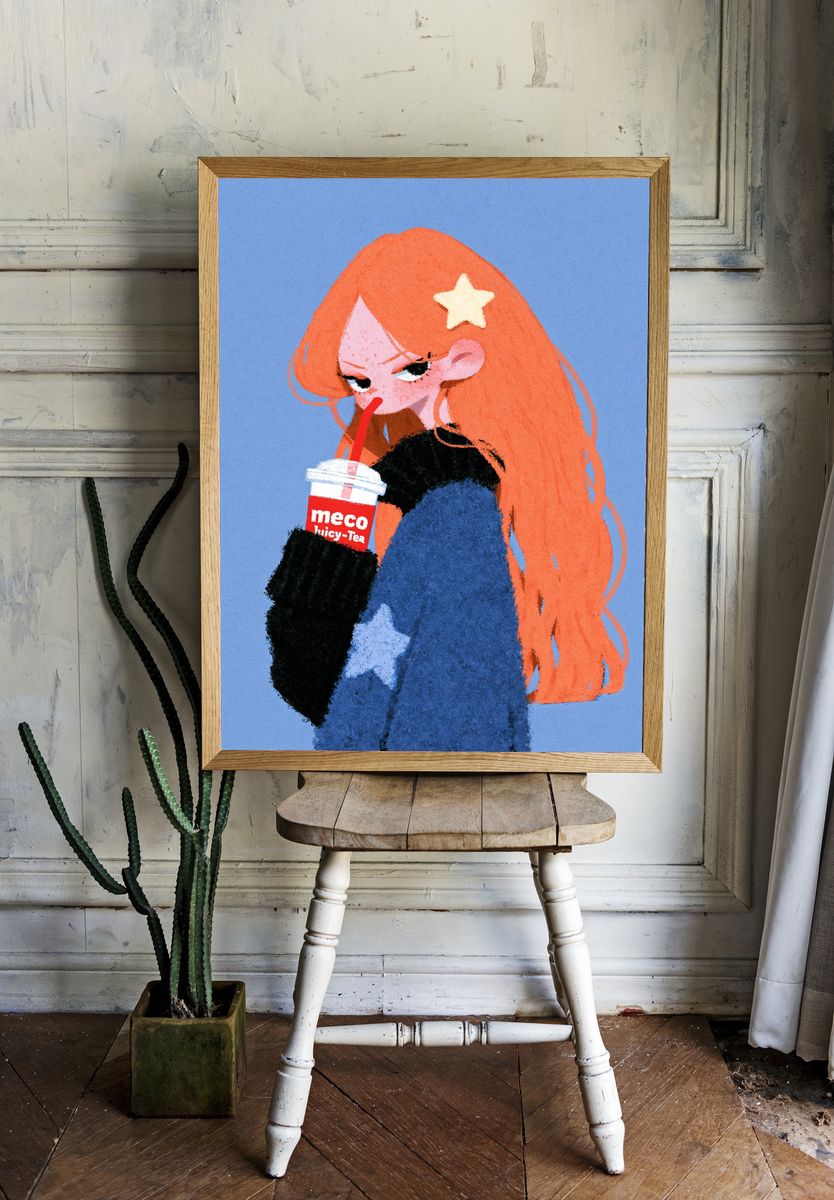 Orange-Haired Girl Illustration Print. room preview