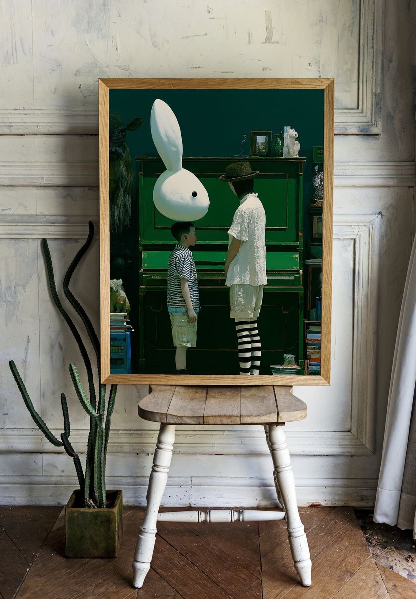 Surreal Rabbit and Child Print. — room view 1