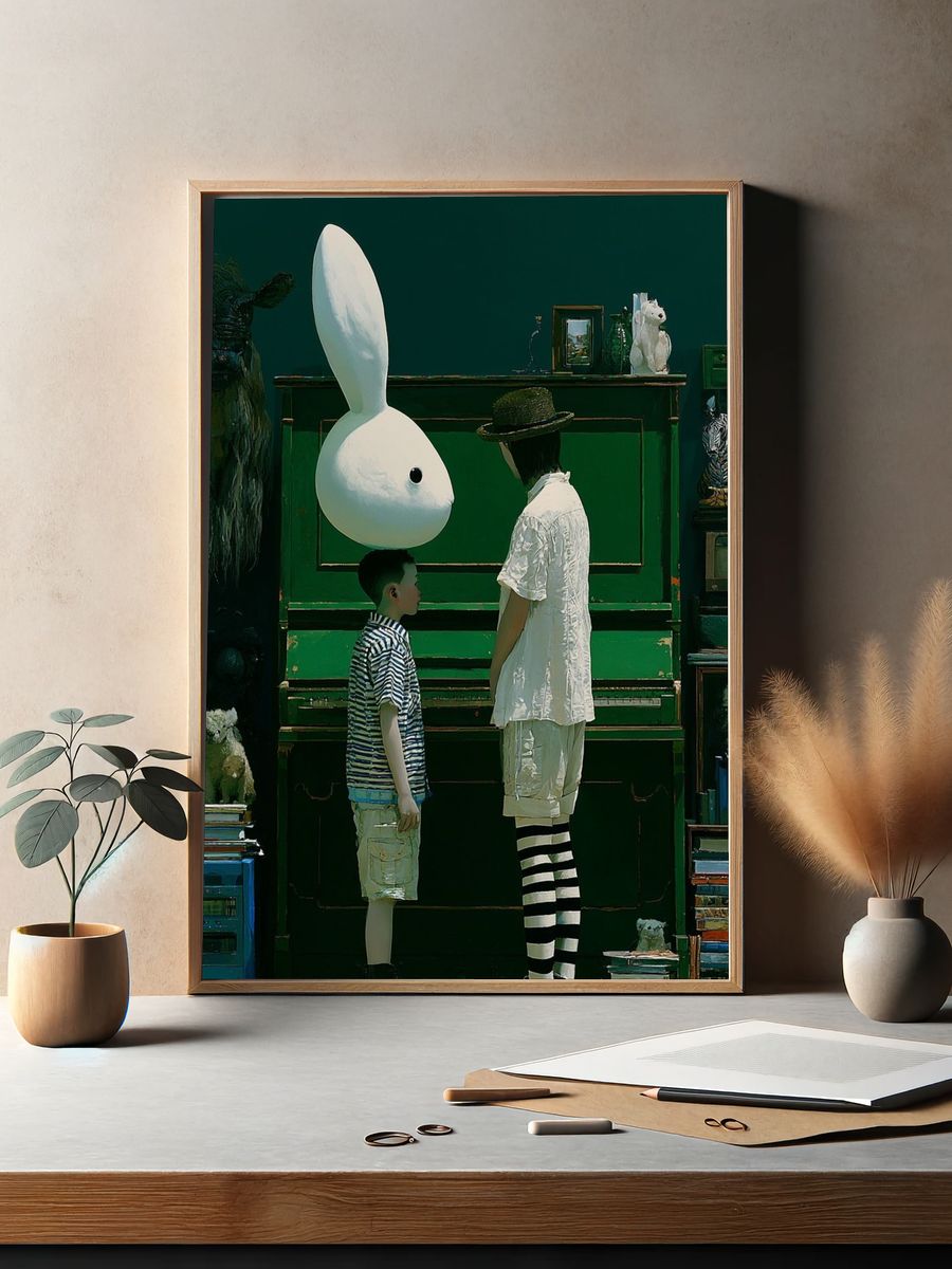 Surreal Rabbit and Child Print. — room view 2
