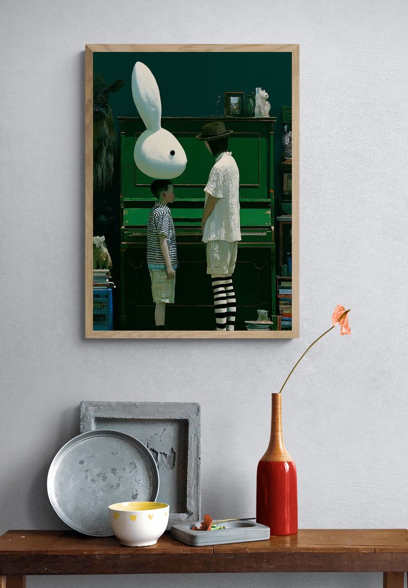 Surreal Rabbit and Child Print. — room view 3