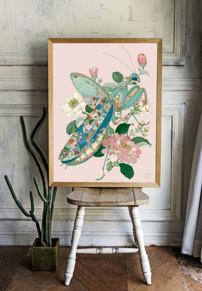Floral Praying Mantis Illustration Poster. — room view 1
