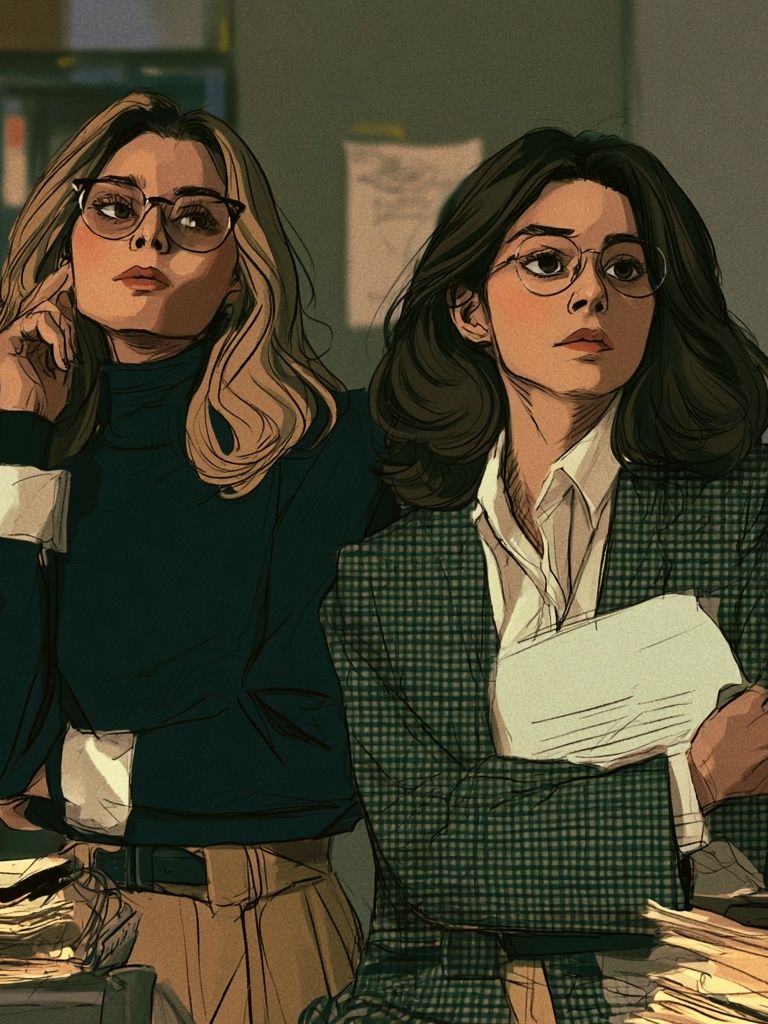 Two Women in Office Illustration Poster. poster detail