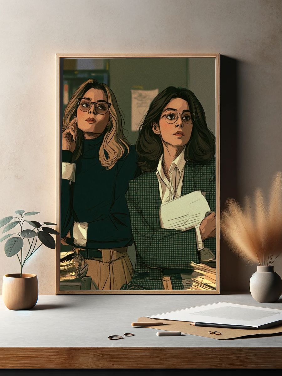 Two Women in Office Illustration Poster. — room view 2