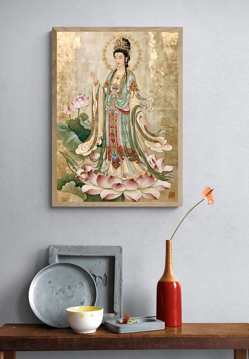 Guanyin Lotus Blossom Illustration Poster. — room view 3