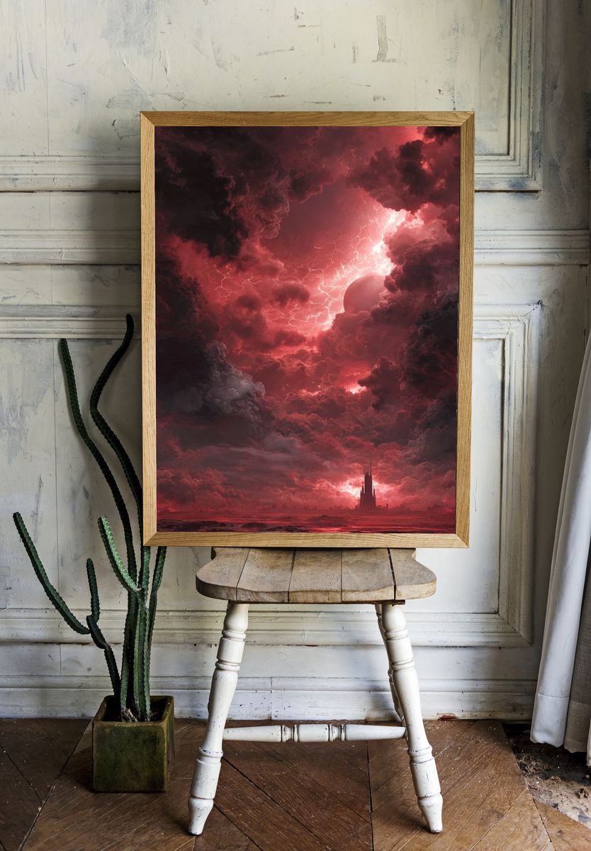 Crimson Storm Cityscape Poster. — room view 1