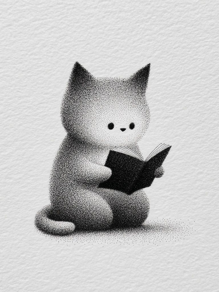 Reading Cat Ink Illustration Poster. poster — illustration art