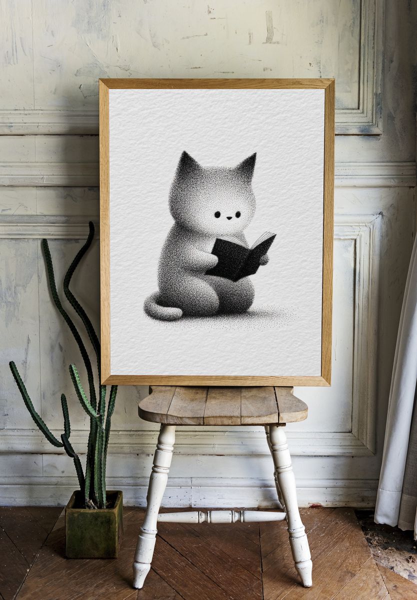 Reading Cat Ink Illustration Poster room preview