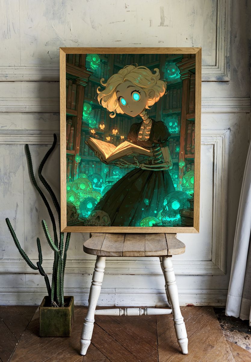 Ghost Library Girl Illustration Poster. room preview