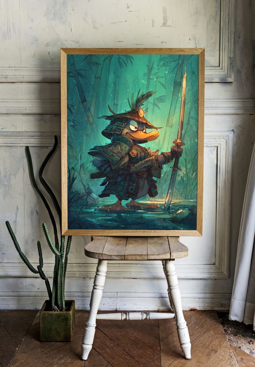 Samurai Duck Fantasy Illustration Poster room preview