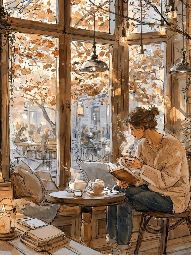 Cozy Café Reading Scene Illustration Poster. poster detail