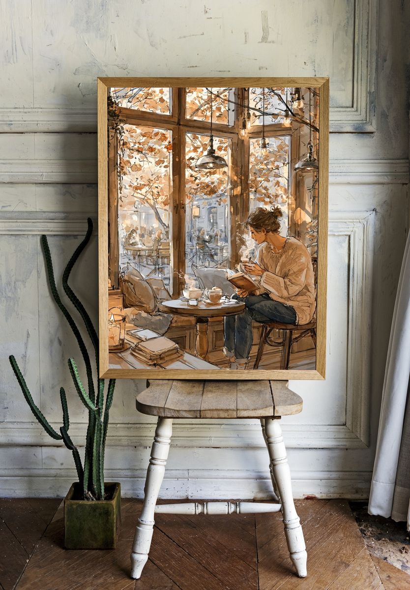 Cozy Café Reading Scene Illustration Poster. — room view 1