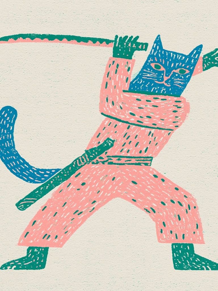 Playful Cat Warrior Illustration Poster. poster detail